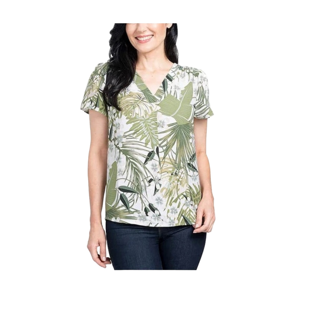 Hilary Radley v-neck blouse short sleeve forest leaves design size L GUC